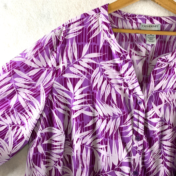 Catherines Womens Button Up Tunic Blouse‎ Sz 2X Purple Tropical Beachy Travel - Picture 6 of 13